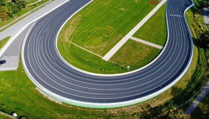 Aerial View of a Competition Track Cycling Velodrome with Dark Asphalt Curves and Lush Green Field