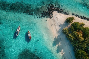Serene Tropical Beach with Boats and Crystal Clear Water Aerial View