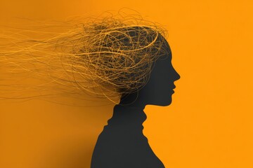 Silhouette of Woman with Flowing Hair against Vibrant Orange Background