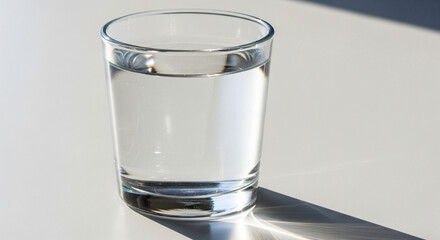 A glass of clear water sits on a light gray surface, illuminated by sunlight casting a shadow.