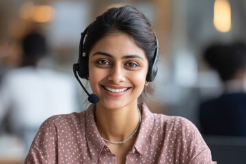 Smiling Customer Service Representative with Headset in Office Setting