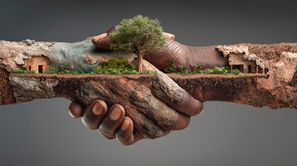 Creative conceptual image of two hands shaking hands, seamlessly blended with natural elements such as earth, roots, vegetation and traditional mud houses
