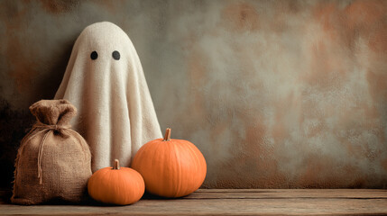 Halloween scene with a homemade ghost made of burlap fabric with two black eyes, standing on a wooden surface with two bright orange pumpkins, on a textured background of earthy tones