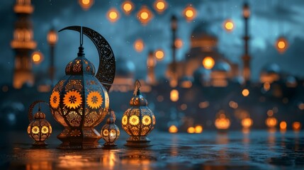 Ornate lanterns with crescent, illuminated against a blurry mosque backdrop, reflecting on the surface