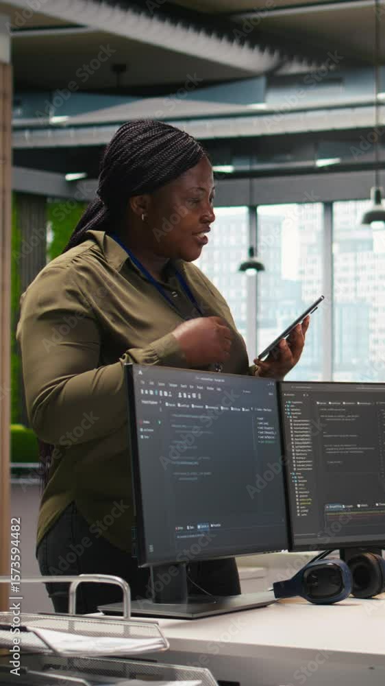 Poster vertical video welcoming team assisting intern developing artificial intelligence models for busines