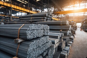 Steel Rods Stacked Neatly in Modern Industrial Warehouse Setting