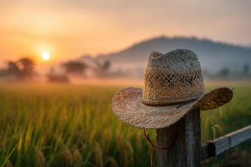 Straw Hat on Fence Post with Scenic Sunrise in Rice Field
