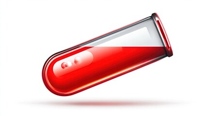 A tilted laboratory glass tube containing a vibrant red liquid, likely a blood sample