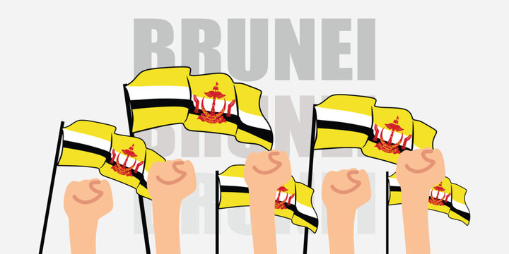 hand with flag of the Brunei or Brunei independence day vector illustration of Brunei flag with gray background banner or greeting card