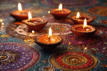 Traditional Diwali Candles on Colorful Decorative Background