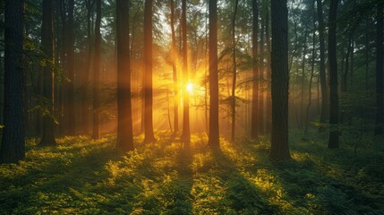 Naklejka premium Forest scene with sunlight streaming through trees, illuminating the ground