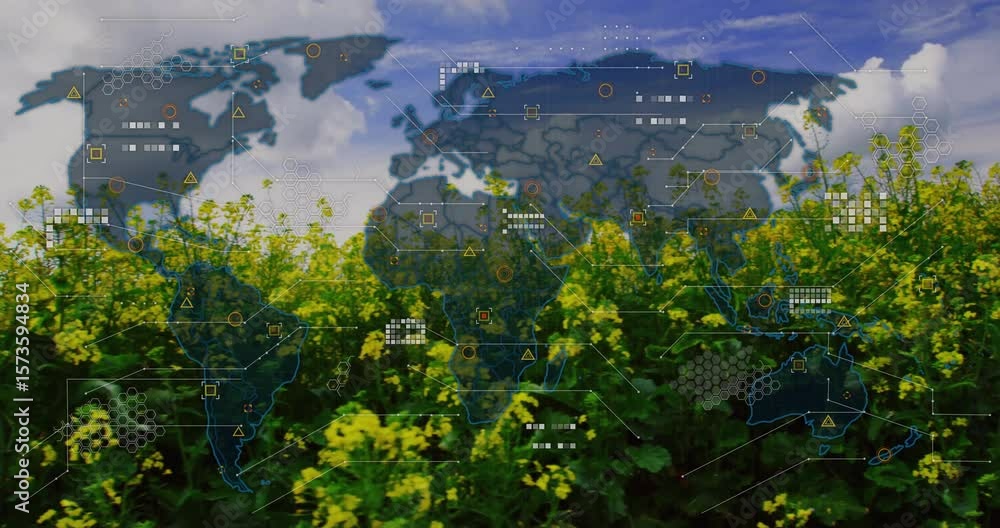 Poster on start world map fading in over blossoms, data shapes multiplying across continents for insight