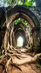 Ancient Stone Archway Entwined With Living Roots Showing Sunlight Through Lush Green Foliage in a Vertical Composition