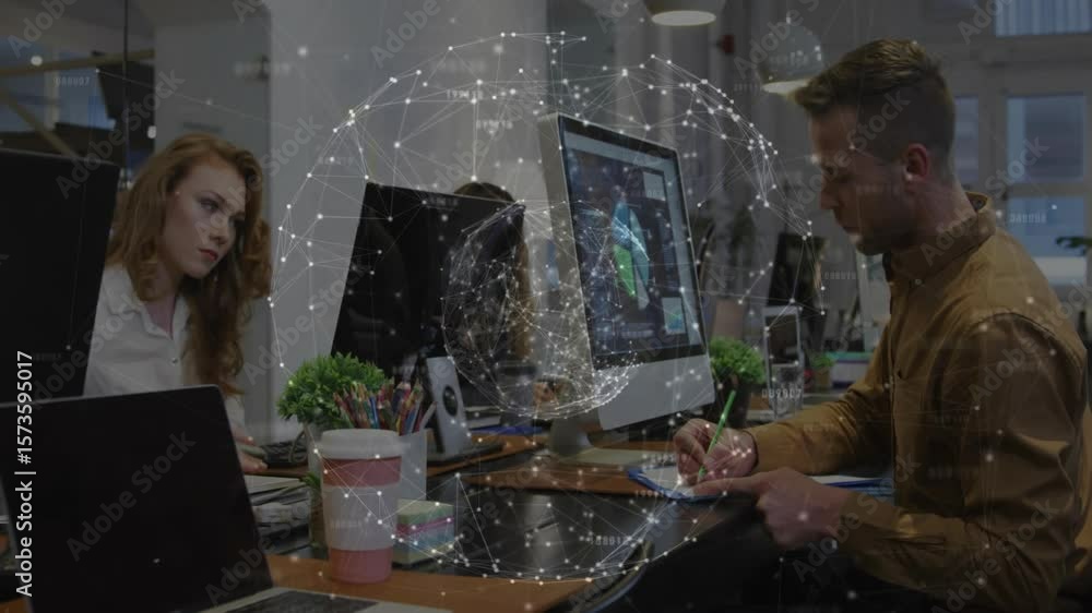 Poster office colleagues typing while adjusting monitor and sparking network sphere for tech collaboration