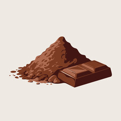 A pile of rich cocoa powder next to a delicious milk chocolate bar