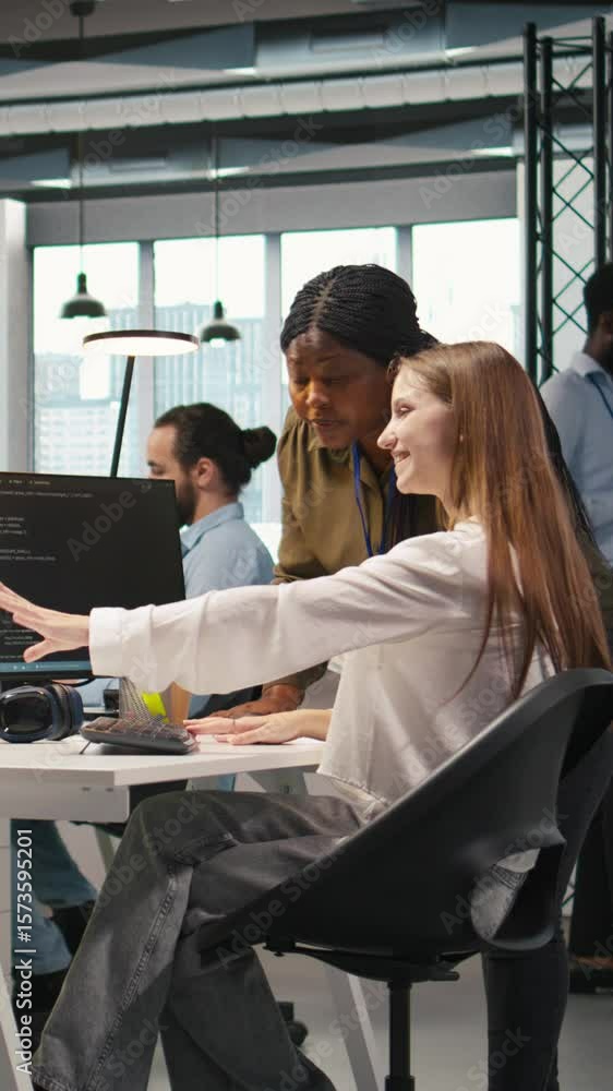Poster vertical video manager supervising young trainee in office using ai technology, monitoring performan