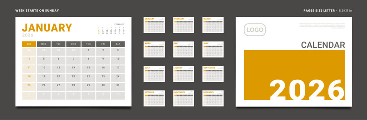 Set of Monthly pages Calendar Planner Templates 2026 for wall or desk with Cover and place for Photo, Logo. Vector layout of simple calendar with week start Sunday. Pages for size Letter - 8.5x11 in