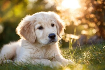 Obraz premium Adorable Golden Retriever Puppy Relaxing in Sunlit Garden Setting