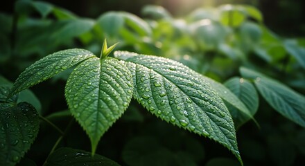 Green leaf covered with fresh dew drops on dark blurred background