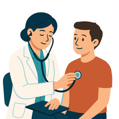 A smiling female doctor and nurse team talking with a patient in a hospital clinic, demonstrating professional medical healthcare