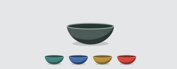 Collection of colorful and dark bowls arranged in a row with one large bowl above