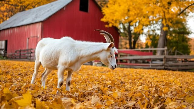 A white goat stands in a blanket of golden autumn leaves beside a red barn, surrounded by vibrant fall foliage on a farm.
