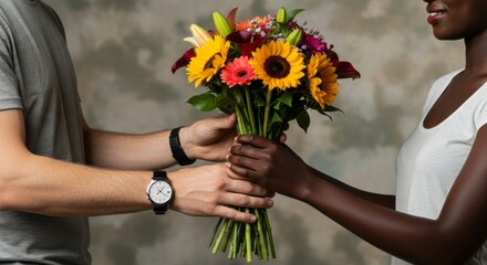 Hands of a Caucasian man passing a bouquet of flowers to an Afro woman.