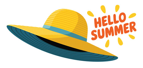 Bright yellow straw hat with blue ribbon and hello summer text