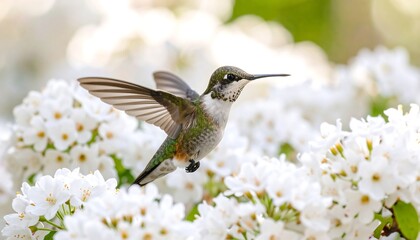 Fototapeta premium A hummingbird in flight, amidst a profusion of white flowers