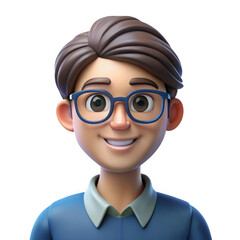 Smiling young man with blue eyeglasses and brown hair isolated on transparent background