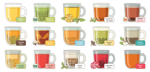 Collection of twelve different hot beverages in clear glass mugs with labels