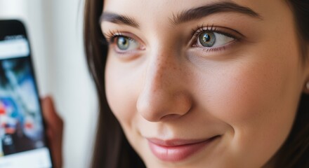 Young professional woman engaging with mobile technology analyzing digital content expressive eyes focused intently on smartphone screen online communication social media