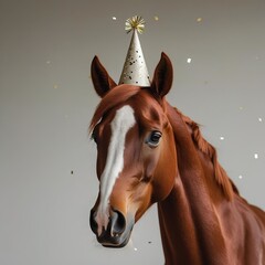 Red fire horse face in festive cap, close-up, new year 2026