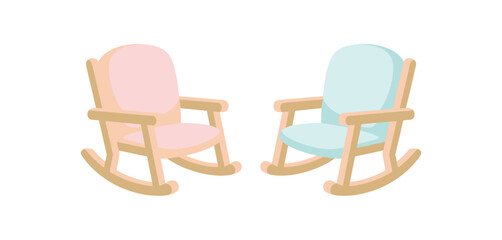Two pastel colored rocking chairs one pink and one blue isolated on white