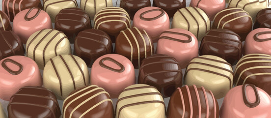 Assortment of delicious chocolate candies with various flavors and decorations