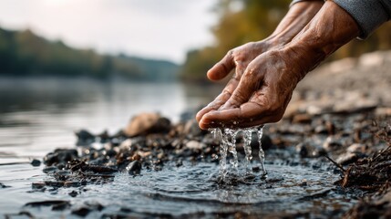 A close-up shot of a hand scooping water from a dirty murky source