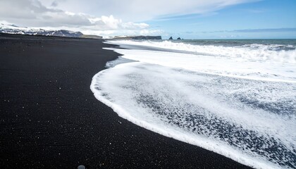Black Volcanic Sand Shoreline With White Surf Foam Contrasting Against The Dark Sand and Blue Ocean