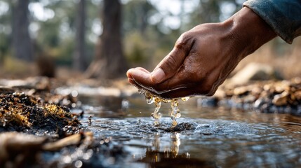A close-up shot of a hand scooping water from a dirty murky source