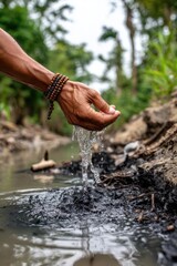 A close-up shot of a hand scooping water from a dirty murky source