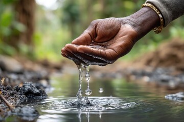 A close-up shot of a hand scooping water from a dirty murky source