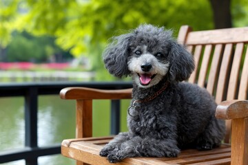A gray poodle sits on a wooden chair outdoors with green trees and water in the background