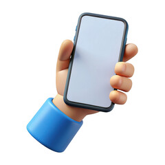 Cartoon hand holding a smartphone with blank screen isolated on transparent background