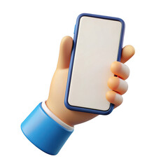 Cartoon hand holding a smartphone with a blank screen isolated on transparent background