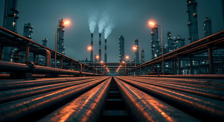 Fototapeta premium Dramatic Evening View of an Oil Refinery with Illuminated Pipelines