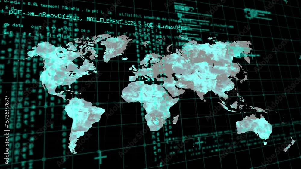 Aufkleber on startup world map emerging on 3d grid, scan line, code streams moving for data visualization