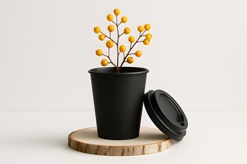 Creative composition of a black takeaway coffee cup with lid placed on wooden slice and decorated with yellow berries, ideal for branding, eco packaging, and modern minimalist visuals


