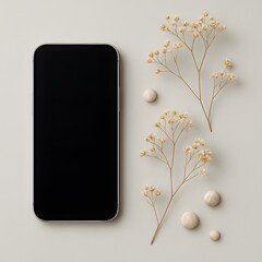 Flat lay of black smartphone with blank screen surrounded by delicate dried flowers and small white pills on neutral background, representing modern wellness, tech, and minimal lifestyle

