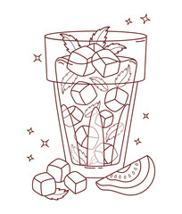Outline Guava tropical Drink with Ice and Mint leaves. Summer Fruit Refreshing Cocktail with straw and slices. Vector Illustration. Line drawing, coloring book. Not ai