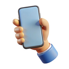 Stylized cartoon hand holding a modern smartphone isolated on transparent background