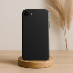 Minimalist black smartphone standing vertically on wooden round platform with neutral background and dried pampas grass, ideal for tech branding, mockup, or modern lifestyle themes

